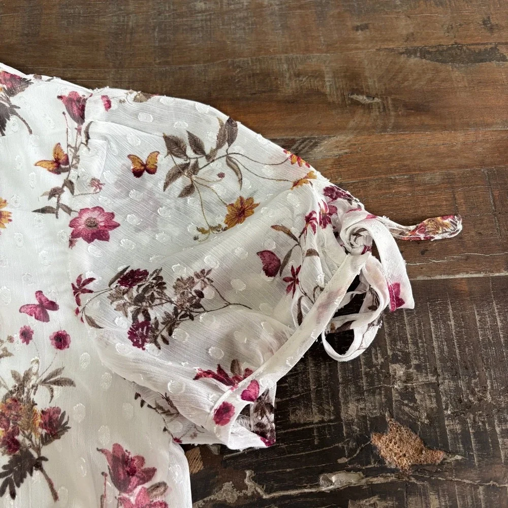 Tamara‎ H Floral Butterfly Boho Fairy Swiss Dot Blouson Top White S Tie Sleeve - Picture 4 of 12